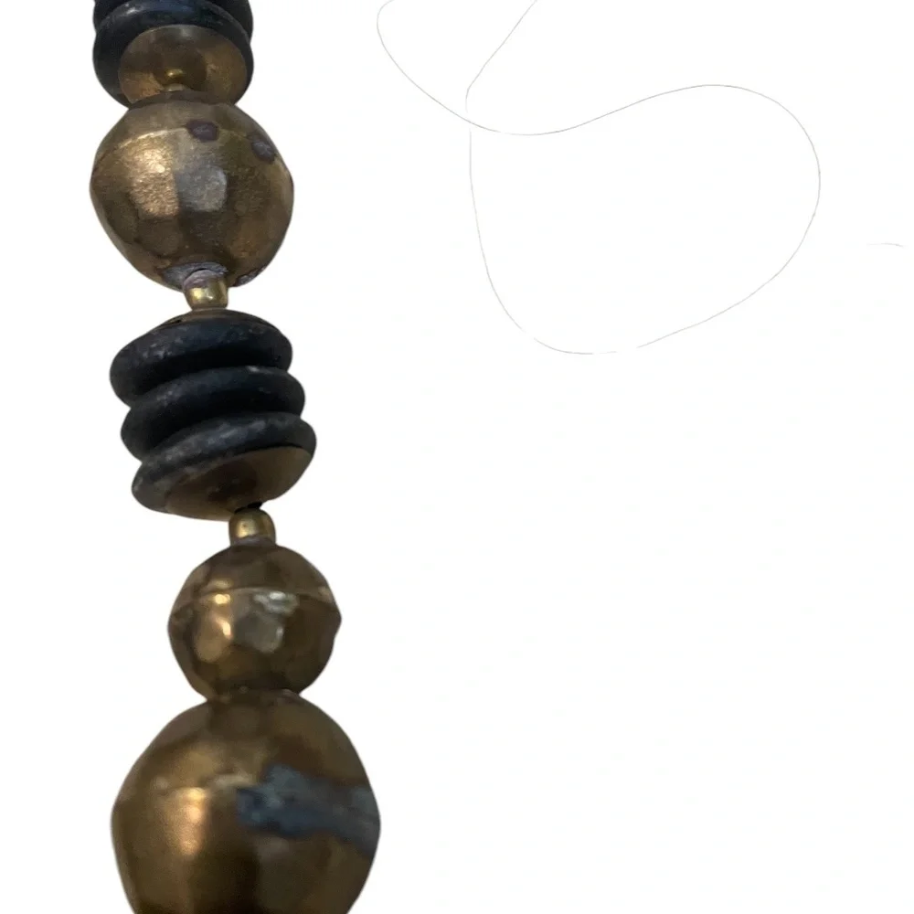 Handmade Two Tones Wood & Brass Chunky‎ Black & Gold Bulky Beads Necklace